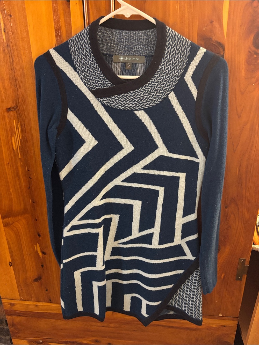 Title Nine Navy and White Geometric Crew-Neck Sweater Dress
